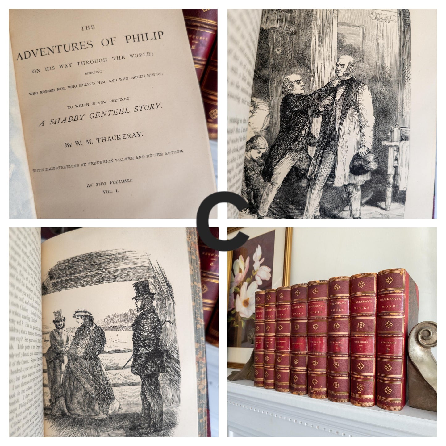 1869 Thackeray's Works | Red and gold leather books with marbled pages