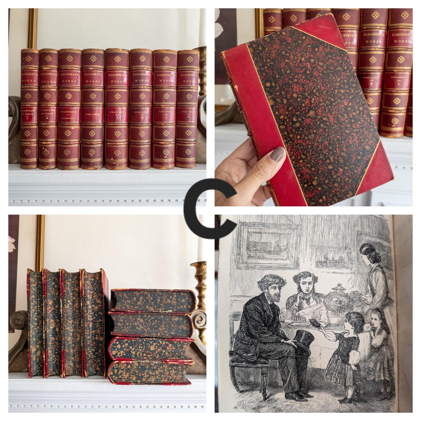1869 Thackeray's Works | Red and gold leather books with marbled pages
