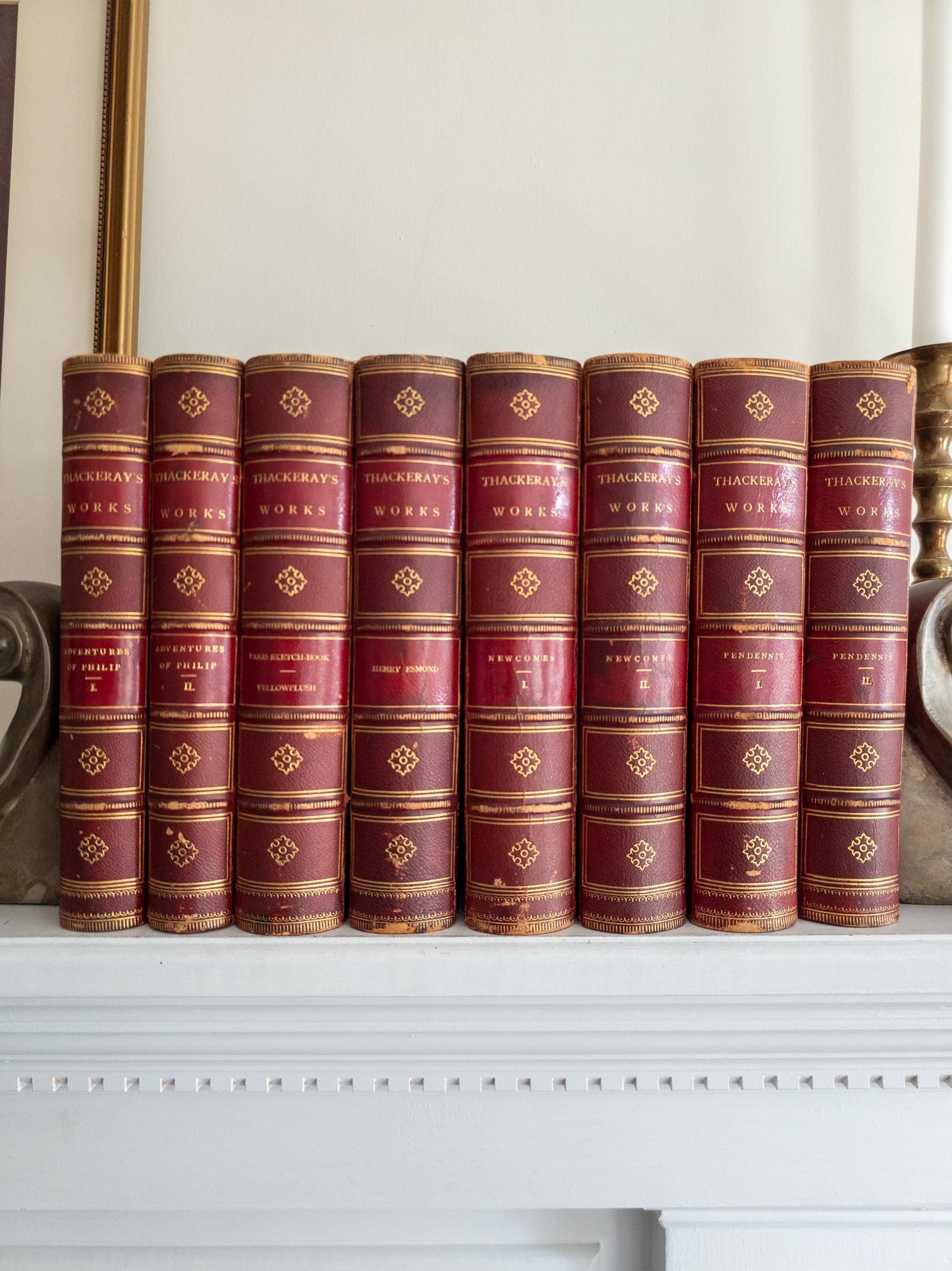 1869 Thackeray's Works | Red and gold leather books with marbled pages