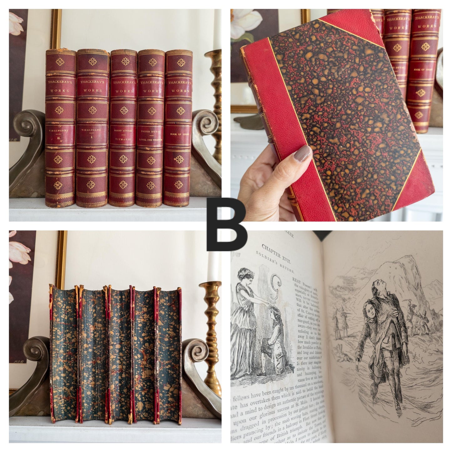 1869 Thackeray's Works | Red and gold leather books with marbled pages