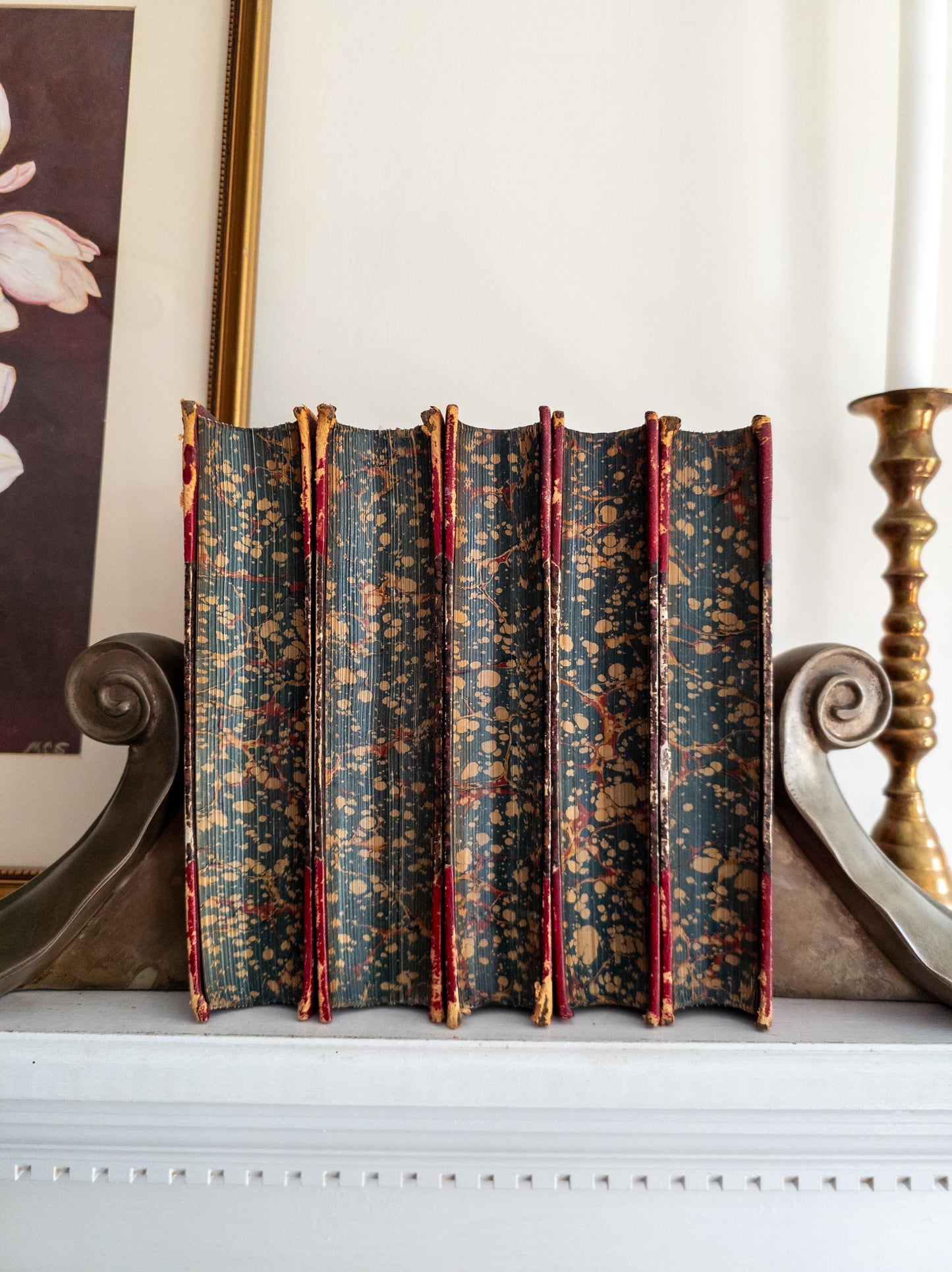 1869 Thackeray's Works | Red and gold leather books with marbled pages