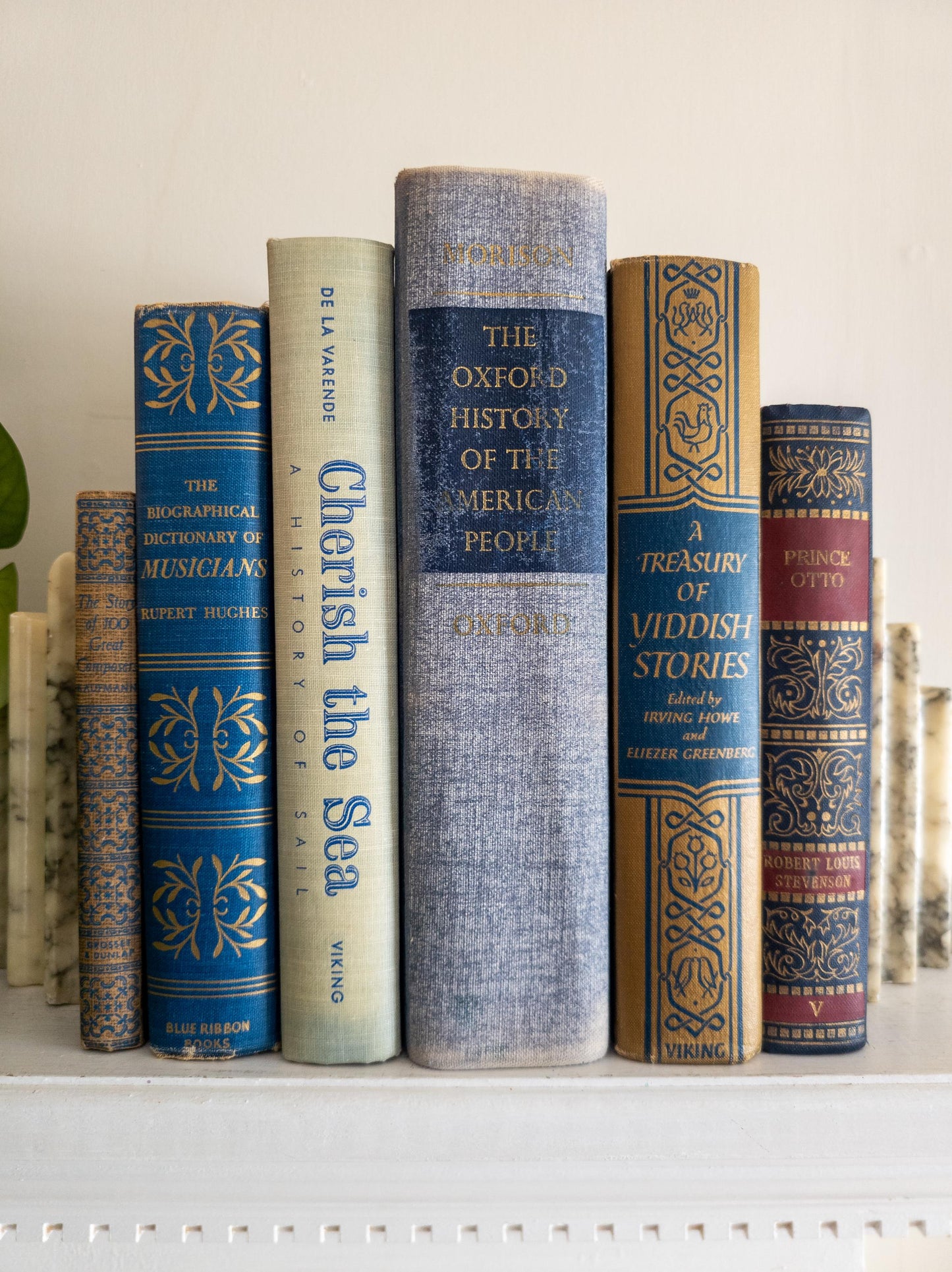 Blue and Gold antique and vintage book stack - set of 6