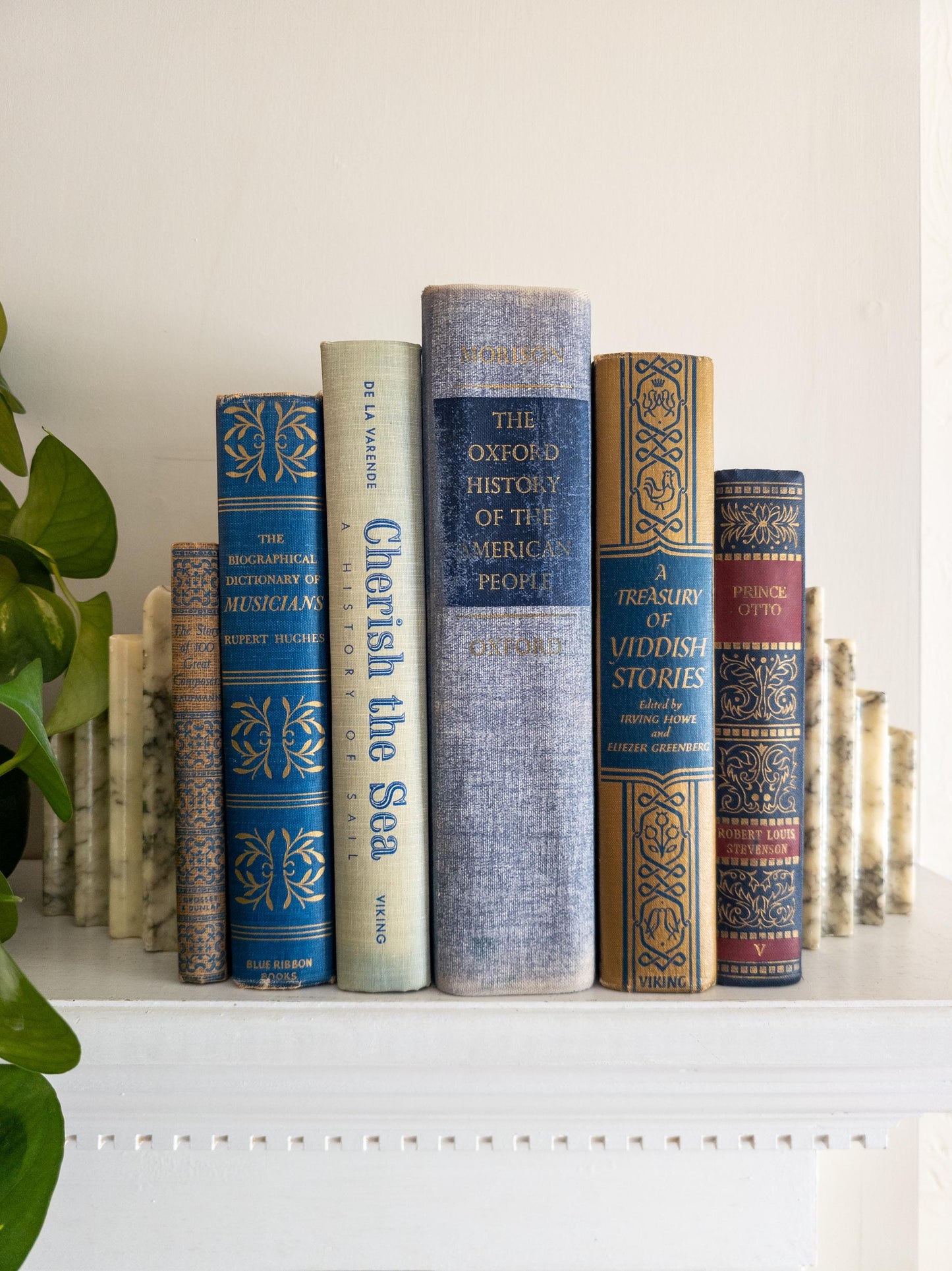 Blue and Gold antique and vintage book stack - set of 6
