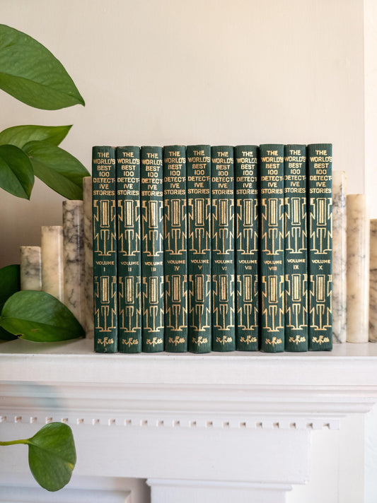 The World's Best 100 Detective Stories - vintage green and gold books